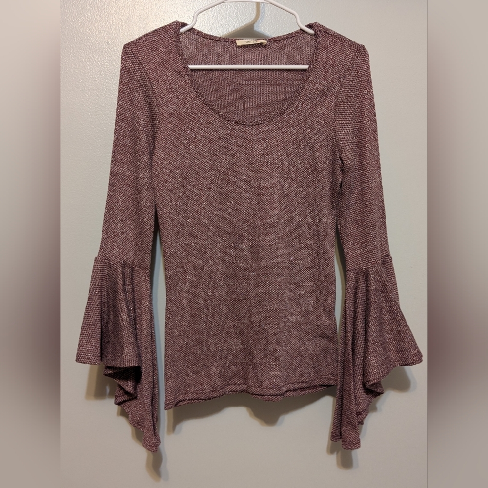 Women's M Whisper Elegant Bell Sleeve Top Maroon Wine Metallic